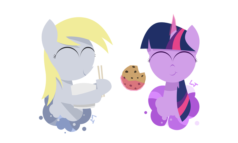 Size: 3500x2100 | Tagged: safe, artist:limejerry, derpibooru import, derpy hooves, twilight sparkle, twilight sparkle (alicorn), alicorn, pony, chopsticks, cookie, eating, eyes closed, female, food, magic, mare, telekinesis