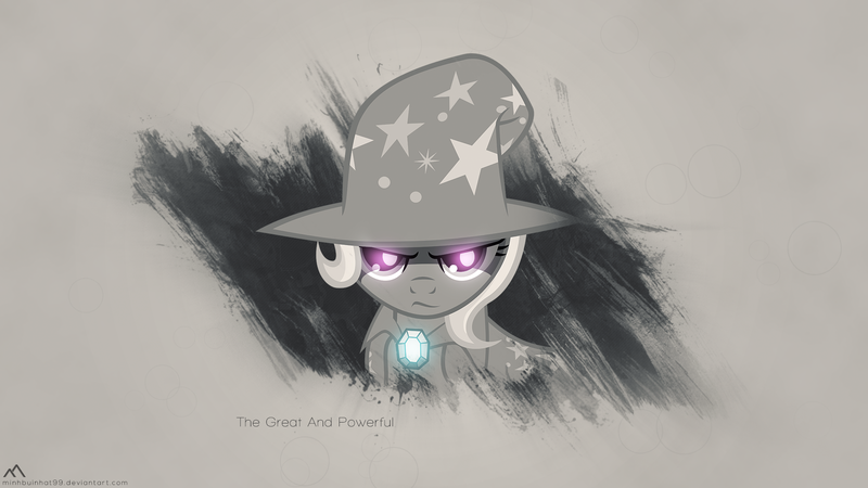 Size: 1920x1080 | Tagged: safe, artist:foxy-noxy, artist:minhbuinhat99, artist:ninga-bob, derpibooru import, trixie, pony, unicorn, cape, clothes, female, glowing eyes, grayscale, hat, jewel, looking at you, mare, monochrome, signature, trixie's cape, trixie's hat, vector, wallpaper