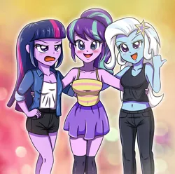 Size: 3507x3472 | Tagged: safe, artist:sumin6301, derpibooru import, starlight glimmer, trixie, twilight sparkle, twilight sparkle (alicorn), equestria girls, belly, belly button, blushing, breasts, clothes, counterparts, cute, diatrixes, equestria girls-ified, female, glimmerbetes, jeans, looking at you, magical trio, midriff, miniskirt, open mouth, pants, shorts, skirt, socks, tanktop, thigh highs, twiabetes, twilight's counterparts, zettai ryouiki