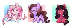Size: 900x352 | Tagged: safe, artist:pekou, derpibooru import, oc, oc:ivy rose, oc:macdolia, oc:milk drop, unofficial characters only, earth pony, pegasus, pony, braid, female, flying, glasses, mare, pigtails, wink
