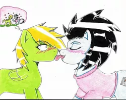 Size: 2151x1700 | Tagged: safe, artist:haruka takahashi, derpibooru import, oc, oc:haruka takahashi, oc:michael, unofficial characters only, earth pony, pegasus, pony, blushing, female, licking, mare, shocked, tongue out, traditional art