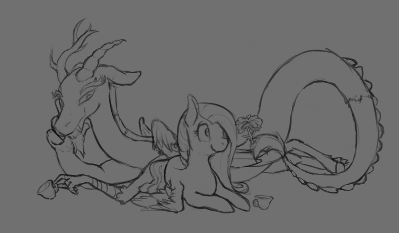 Size: 1280x749 | Tagged: safe, artist:aenbrdraws, derpibooru import, discord, fluttershy, pegasus, pony, discoshy, female, flower, gradient background, grayscale, male, mare, monochrome, shipping, sketch, straight