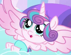 Size: 1100x860 | Tagged: safe, derpibooru import, screencap, princess flurry heart, pony, the crystalling, adorable face, baby, baby alicorn, baby flurry heart, baby pony, cooing, cute, dawwww, diaper, diapered, diapered filly, female, filly, flurrybetes, foal, happy, open mouth, pillow, smiling, solo, spread wings, wings