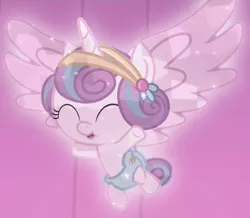 Size: 896x780 | Tagged: safe, derpibooru import, screencap, princess flurry heart, alicorn, crystal pony, pony, the crystalling, baby, baby alicorn, baby flurry heart, baby pony, cloth diaper, cooing, cropped, crystal diaper, crystallized, cute, dawwww, diaper, diapered, diapered filly, eyes closed, female, filly, flurrybetes, flying, foal, hairclip, happy, newborn baby, newborn filly, open mouth, pink diaper, safety pin, solo