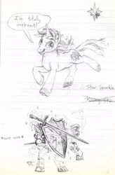 Size: 898x1371 | Tagged: safe, artist:wisdom-thumbs, derpibooru import, oc, unofficial characters only, pony, unicorn, armor, badass, fantasy class, knight, lined paper, male, monochrome, pencil drawing, shield, sketch, stallion, sword, swordpony, traditional art, warrior, weapon