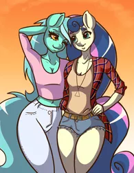 Size: 6118x7824 | Tagged: safe, artist:pitchyy, derpibooru import, bon bon, lyra heartstrings, sweetie drops, anthro, absurd resolution, belly button, cleavage, clothes, female, lesbian, lyrabon, midriff, shipping, short shirt