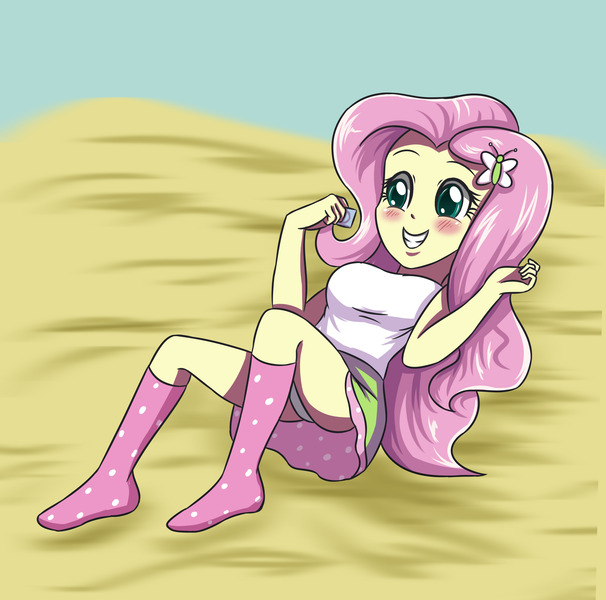 Size: 3507x3472 | Tagged: suggestive, artist:sumin6301, derpibooru import, fluttershy, equestria girls, blushing, clothes, condom, cute, female, grin, hay, on back, panties, skirt, skirt lift, socks, solo, solo female, tanktop, thighs, underwear, upskirt, what are we gonna do on the bed?, white underwear