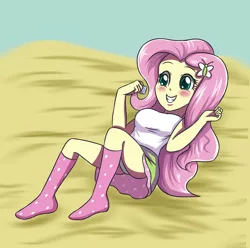 Size: 3507x3472 | Tagged: suggestive, artist:sumin6301, derpibooru import, fluttershy, equestria girls, blushing, clothes, condom, cute, female, grin, hay, on back, panties, skirt, skirt lift, socks, solo, solo female, tanktop, thighs, underwear, upskirt, what are we gonna do on the bed?, white underwear