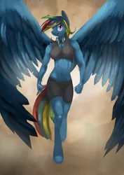 Size: 848x1200 | Tagged: anthro, artist:norcus, belly button, clothes, derpibooru import, goggles, large wings, midriff, muscles, rainbow dash, safe, smiling, solo, sports bra, sports shorts, unguligrade anthro