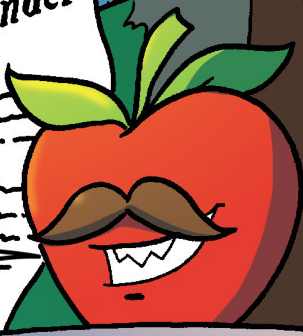 Size: 303x336 | Tagged: apple, bad apple, derpibooru import, food, grin, idw, living apple, moustache, mustachioed apple, safe, smiling, solo, spoiler:comic