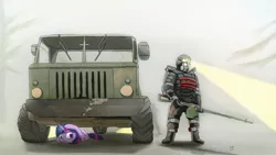 Size: 2870x1614 | Tagged: artist:aaronmk, derpibooru import, fog, gun, hiding, machine gun, pkm, powered exoskeleton, safe, s.t.a.l.k.e.r., truck, twilight sparkle, weapon