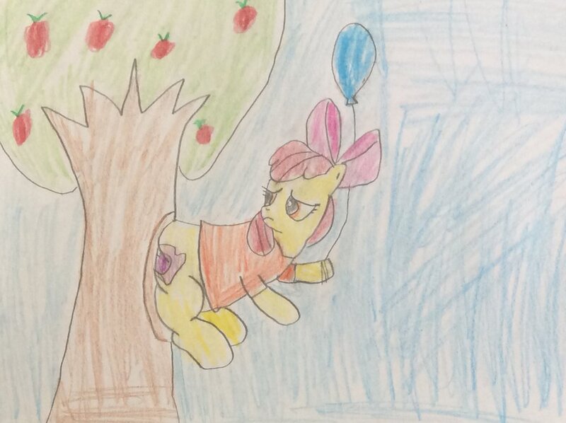 Size: 1024x765 | Tagged: safe, artist:goofermutt, derpibooru import, apple bloom, fanfic, apple, apple tree, balloon, bloom butt, crossover, cutie mark, disney, fimfiction, food, plot, stuck, the ass was fat, the cmc's cutie marks, tree, winnie the pooh