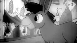 Size: 1280x720 | Tagged: a friend in deed, canterlot, crankybetes, cranky doodle donkey, cute, derpibooru import, donkey, monochrome, safe, screencap, solo, young, younger