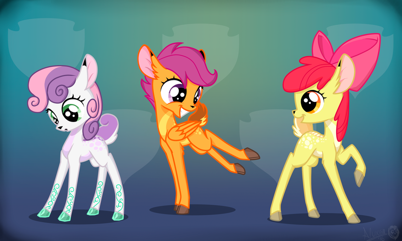 Size: 2500x1500 | Tagged: apple bloom, artist:sirzi, cute, cutie mark crusaders, deer, deerified, derpibooru import, fordeer, original species, peryton, safe, scootaloo, species swap, sweetie belle, vitrung