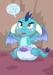 Size: 883x1248 | Tagged: artiecanvas is trying to murder us, artist:artiecanvas, baby dragon, claws, cute, derpibooru import, diaper, dragon, dragoness, dragon wings, emberbetes, fangs, female, horns, open mouth, poofy diaper, princess ember, safe, solo, speech bubble, spread wings, wings