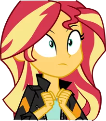 Size: 4899x5572 | Tagged: safe, artist:keronianniroro, derpibooru import, sunset shimmer, equestria girls, absurd resolution, clothes, dumbfounded, flash puppet, inkscape, leather jacket, simple background, solo, transparent background