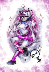 Size: 1280x1864 | Tagged: safe, artist:onat, derpibooru import, part of a set, twilight sparkle, anthro, plantigrade anthro, equestria girls, boots, clothes, equestria girls outfit, glasses, mixed media, pinup, pleated skirt, shoes, skirt, socks, solo, traditional art, watercolor painting