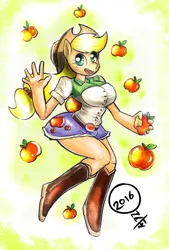 Size: 1280x1888 | Tagged: safe, artist:onat, derpibooru import, part of a set, applejack, anthro, plantigrade anthro, equestria girls, apple, big breasts, boots, breasts, busty applejack, clothes, cowboy hat, denim skirt, equestria girls outfit, female, food, hat, mixed media, pinup, shoes, skirt, solo, stetson, traditional art, watercolor painting