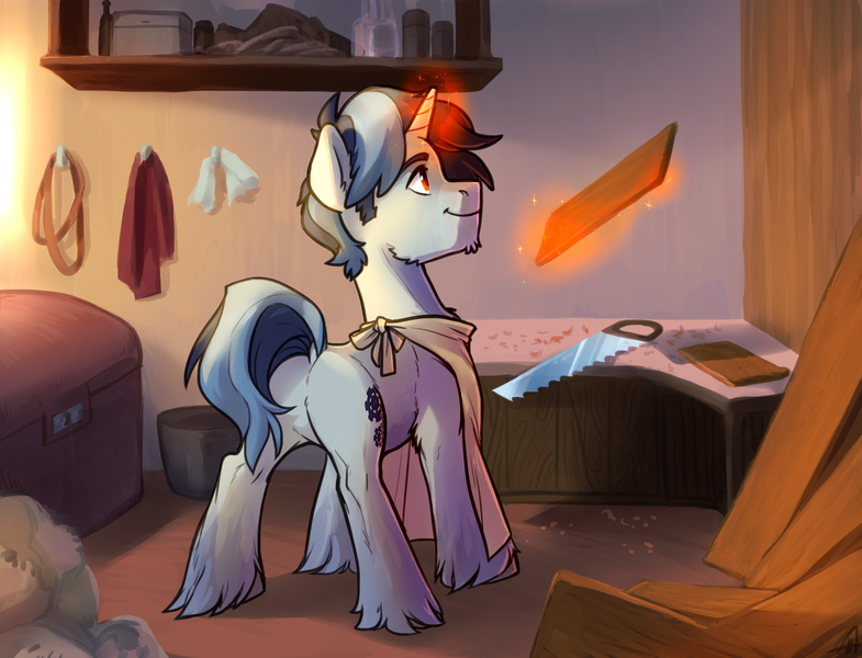 Size: 1700x1300 | Tagged: safe, artist:maccoffee, derpibooru import, oc, unofficial characters only, pony, unicorn, apron, clothes, commission, fluffy, magic, male, plank, plot, rear view, saw, shelf, solo, table, unshorn fetlocks, workshop