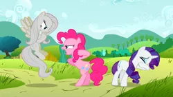 Size: 960x540 | Tagged: safe, derpibooru import, edit, edited screencap, screencap, fluttershy, pinkie pie, rarity, putting your hoof down, brute, discorded, discorded fluttershy, female, flutterbitch, fluttercruel, gray, image, new fluttershy, png, trio, trio female