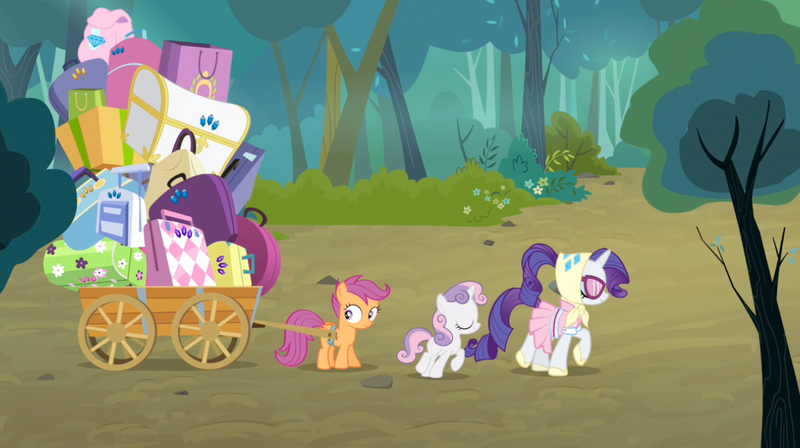 Size: 1178x660 | Tagged: safe, derpibooru import, screencap, rarity, scootaloo, sweetie belle, sleepless in ponyville, camping outfit, luggage, luggage cart