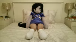 Size: 5312x2988 | Tagged: anthro, anthro plushie, artist:bigsexyplush, artist:somethingaboutoctavia, bed, bedroom eyes, capcom, chun li, clothes, costume, crossover, derpibooru import, doll, dress, irl, octavia melody, outfit, panties, pantyhose, photo, plushie, safe, sash, skirt, socks, solo, street fighter, thunder thighs, tights, toy, underwear, wide hips
