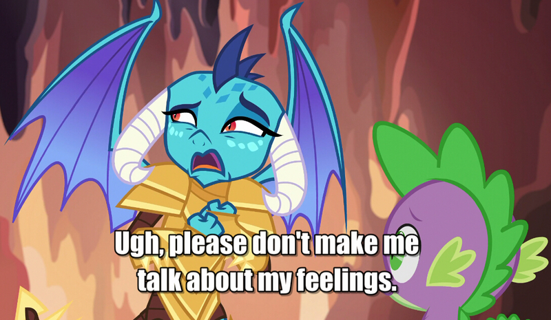 Size: 1089x633 | Tagged: armor, caption, cropped, derpibooru import, dragon, dragon armor, gauntlet of fire, image macro, meme, open mouth, princess ember, reaction image, safe, screencap, spike, subtitles, tsundember, tsundere