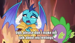 Size: 1089x633 | Tagged: armor, caption, cropped, derpibooru import, dragon, dragon armor, gauntlet of fire, image macro, meme, open mouth, princess ember, reaction image, safe, screencap, spike, subtitles, tsundember, tsundere