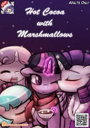 Size: 600x849 | Tagged: suggestive, artist:lumineko, derpibooru import, coco pommel, rarity, sweetie belle, twilight sparkle, twilight sparkle (alicorn), alicorn, earth pony, pony, unicorn, comic:hot cocoa with marshmallows, comic, cover, explicit source, female, glowing horn, kissing, lesbian, licking, magic, mare, one eye closed, patreon, patreon logo, rarilight, shipping, telekinesis, tongue out, wink