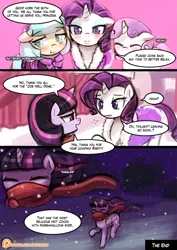 Size: 600x849 | Tagged: suggestive, artist:lumineko, derpibooru import, coco pommel, rarity, sweetie belle, twilight sparkle, twilight sparkle (alicorn), alicorn, earth pony, pony, unicorn, comic:hot cocoa with marshmallows, aftersex, cocosparkle, comic, dialogue, explicit source, female, foalcon, heart eyes, lesbian, mare, marshmallow cocosparkle, patreon, patreon logo, rarilight, shipping, speech bubble, wingding eyes