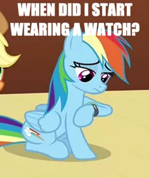 Size: 480x574 | Tagged: safe, derpibooru import, edit, edited screencap, screencap, applejack, rainbow dash, earth pony, pegasus, pony, too many pinkie pies, bored, female, image macro, lidded eyes, looking down, mare, meme, new student starfish, patrick star, raised hoof, solo focus, spongebob squarepants, watch