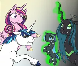 Size: 1000x852 | Tagged: safe, artist:scynthias, derpibooru import, princess cadance, queen chrysalis, shining armor, oc, oc:indomitable heart, changeling, hybrid, child of rape, glowing horn, interspecies offspring, magic, mommy chrissy, offspring, parent:queen chrysalis, parent:shining armor, parents:shining chrysalis, story included, telekinesis