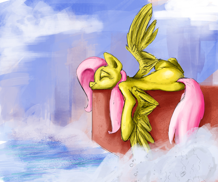 Size: 1920x1606 | Tagged: artist:red, derpibooru import, eyes closed, fluttershy, prone, safe, solo, spread wings