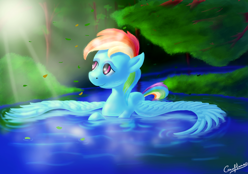 Size: 1024x717 | Tagged: safe, artist:coco-flame, derpibooru import, rainbow dash, crepuscular rays, forest, looking away, looking up, peaceful, solo, spread wings, swimming, water