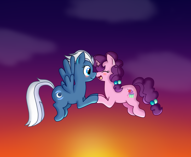 Size: 1491x1224 | Tagged: artist:tarana10, blushing, cute, derpibooru import, eyes closed, female, floating, flying, happy, holding hooves, how, lesbian, night glider, open mouth, safe, shipping, smiling, sugar belle, sugarglider, sunset