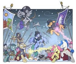 Size: 2000x1700 | Tagged: semi-grimdark, artist:wandrevieira1994, derpibooru import, pegasus, pony, unicorn, hearth's warming eve (episode), arrow, axe, banner, battle axe, battlefield, blizzard, bow (weapon), bow and arrow, female, fight, flying, magic, magic blast, male, mare, mouth hold, pegasopolis, rearing, shield, snow, snowfall, spear, stallion, sword, tribes, unicornia, war, weapon