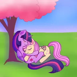 Size: 1500x1500 | Tagged: safe, artist:tarana10, derpibooru import, fluttershy, twilight sparkle, twilight sparkle (alicorn), alicorn, pony, cherry tree, cuddling, cute, eyes closed, female, folded wings, happy, holding, lesbian, mare, nap, shipping, sleeping, smiling, snuggling, tree, twishy, under the tree