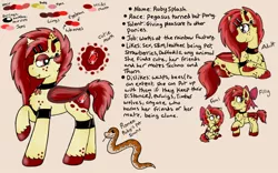 Size: 1280x800 | Tagged: safe, artist:emz2015, derpibooru import, oc, oc:romeo, oc:ruby splash, unofficial characters only, bat pony, pony, snake, age progression, arm band, backstory, bio, bow, choker, cute little fangs, dialogue, ear piercing, eyeshadow, fangs, female, filly, foal, looking at you, makeup, pet, pet oc, piercing, prone, reference sheet, solo, unshorn fetlocks