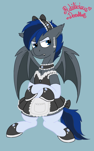 Size: 506x810 | Tagged: safe, artist:emz2015, derpibooru import, oc, oc:fang, unofficial characters only, bat pony, pony, annoyed, bat pony oc, clothes, crossdressing, maid, outfit