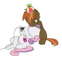 Size: 1687x1572 | Tagged: safe, artist:victoreach, derpibooru import, button mash, sweetie belle, buttonbetes, commission, controller, cute, diasweetes, eyes closed, female, kissing, male, on back, shipping, sitting, straight, sweetiemash, video game