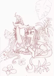 Size: 1000x1398 | Tagged: safe, artist:praysforaprankster, derpibooru import, discord, fluttershy, discoshy, female, looking at each other, male, monochrome, plants, rainforest, shipping, sketch, straight