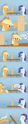 Size: 850x3716 | Tagged: safe, artist:vanillaghosties, derpibooru import, applejack, rarity, bucking, cheating, comic, jenga, magic, rage quit, sweat, table flip, telekinesis, tongue out