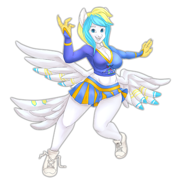 Size: 761x800 | Tagged: anthro, artist:trickstar, big breasts, breasts, butt wings, cheerleader outfit, clothes, derpibooru import, female, hippogriff, oc, oc:lily sky, pegasus, plantigrade anthro, shoes, sneakers, solo, solo female, suggestive, unofficial characters only