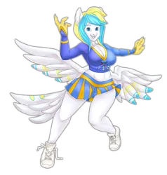 Size: 761x800 | Tagged: anthro, artist:trickstar, big breasts, breasts, butt wings, cheerleader outfit, clothes, derpibooru import, female, hippogriff, oc, oc:lily sky, pegasus, plantigrade anthro, shoes, sneakers, solo, solo female, suggestive, unofficial characters only