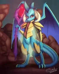 Size: 2000x2500 | Tagged: artist:souladdicted, bloodstone scepter, derpibooru import, dragon, dragon armor, dragon lord ember, gauntlet of fire, missing shoes, princess ember, safe, signature, solo