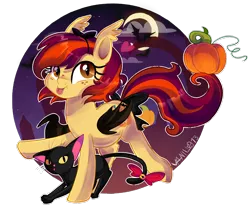 Size: 1600x1318 | Tagged: safe, artist:spookyle, derpibooru import, oc, oc:pumpkin bell, unofficial characters only, bat, bat pony, pony, black cat, bow, cute, food, hair bow, moon, pumpkin, solo, tail bow