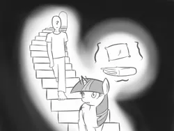 Size: 1024x768 | Tagged: artist:vulapa, blanket, cyoa, cyoa:life in ponyville, derpibooru import, human, levitation, magic, monochrome, oc, oc:anon, pillow, safe, stairs, telekinesis, twilight sparkle