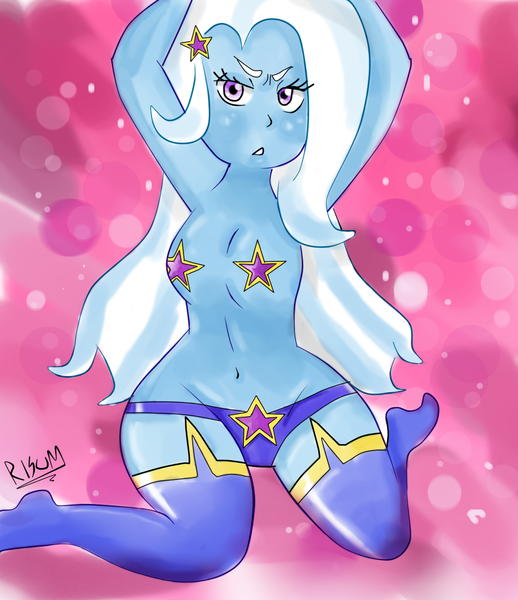 Size: 1056x1224 | Tagged: questionable, artist:dearrisum, derpibooru import, trixie, equestria girls, belly button, breasts, clothes, female, humanized, panties, pasties, solo, solo female, stockings, underwear