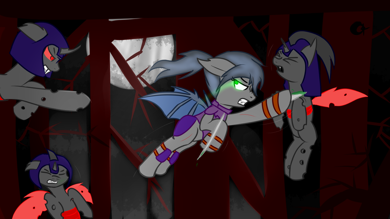 Size: 1920x1080 | Tagged: semi-grimdark, artist:eclipsepenumbra, derpibooru import, oc, oc:eclipse penumbra, unofficial characters only, bat pony, changeling, pony, armor, blood, fangs, fight, flying, glowing eyes, green blood, green eyes, moon, night, weapon