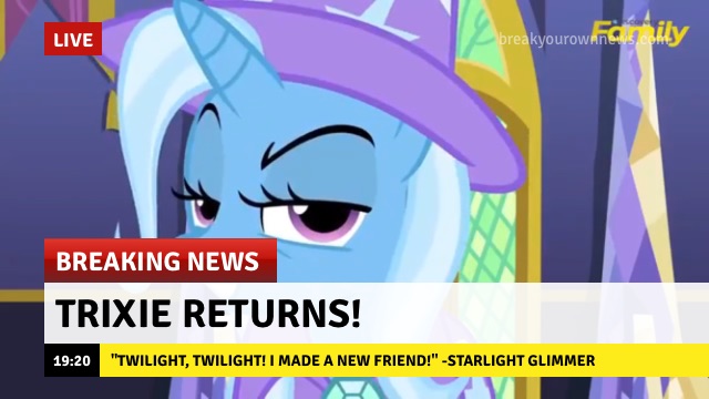 Size: 640x360 | Tagged: safe, derpibooru import, edit, edited screencap, screencap, trixie, pony, unicorn, no second prances, break your own news, female, mare, meme, news